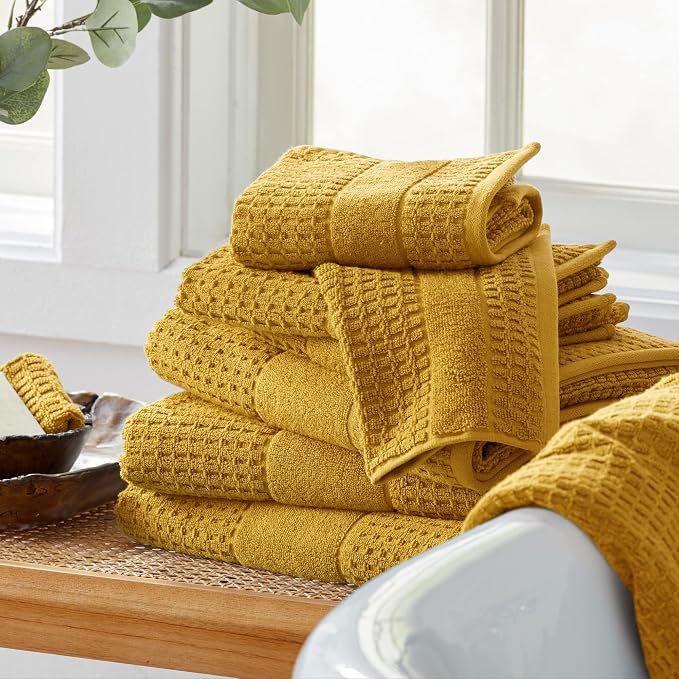Market & Place 100% Cotton Super Soft Luxury Hand Towel Set | Quick-Dry and Highly Absorbent | Waffle Textured | 550 GSM | Includes 6 Hand Towels | Harper Collection (Mustard Yellow)
