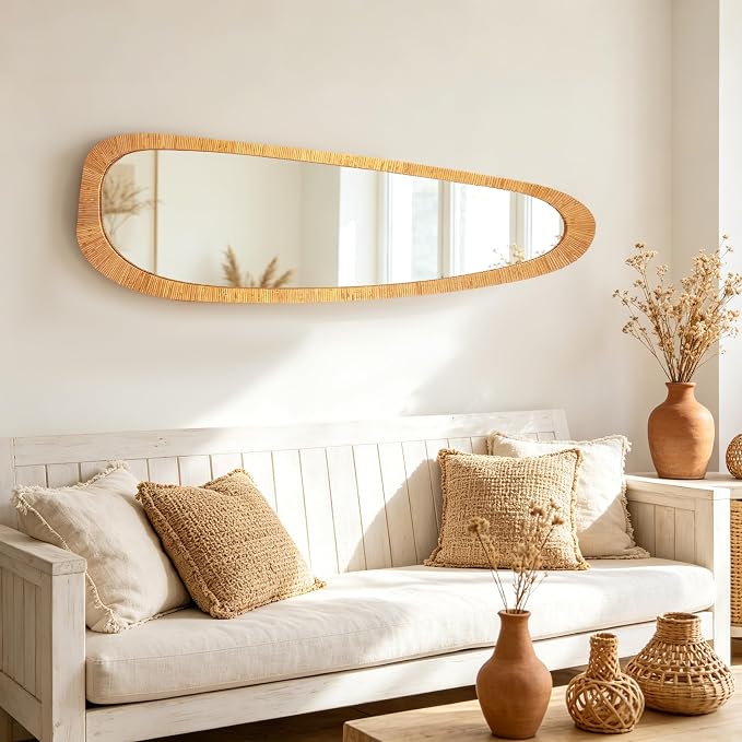 BAODANFU Irregular Natural Rattan Mirror, 18×53 Inch Full Length Wall Mirror, 4-Way Handwoven Decorative Asymmetrical Mirrors, Boho Rustic Decor for Entryway Bedroom Living Room Home