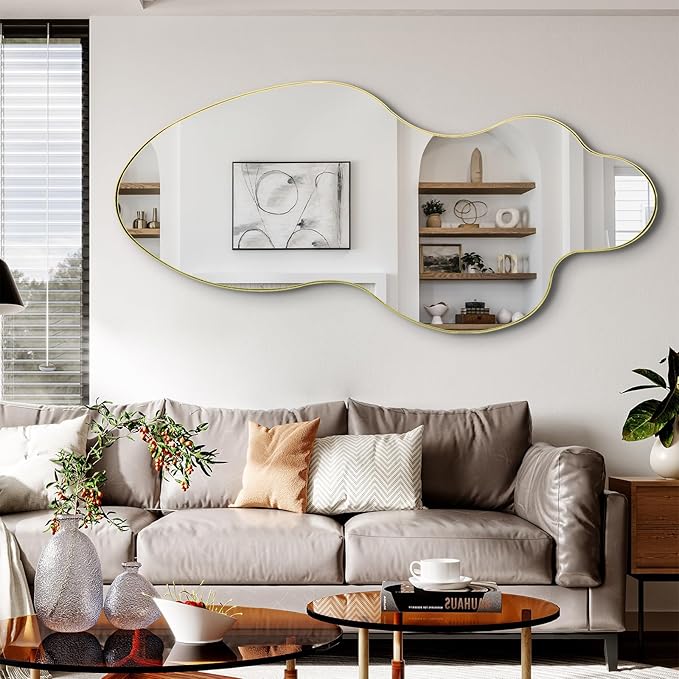 Irregular Wall Mirror, 60"x30" Gold Asymmetrical Mirrors Full Length, Large Abstract Mirrors with Metal Frame, Modern Unique Shaped Mirror for Living Room Bathroom Bedroom Hallway Entryway