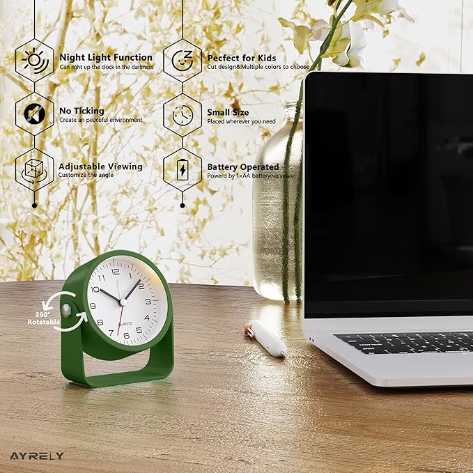 AYRELY® 3.5 Inch Small Analog Alarm Clocks,Battery Operated Desk Clock,Cute Table Clock with Light，Adjustable Angle for Travel,Bedside,Bedroom,Kids,Living Room Decor (Dark Green)