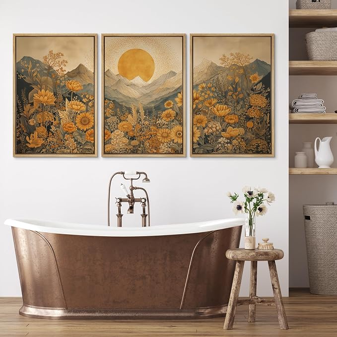 wall26 Framed Print Wall Art Set Boho Sunflower Mountain Vintage Yellow Floral and LandscapeDecorative Minimal Relax/Zen for Living Room, Bedroom, Office - 24"x36"x3 NATURAL