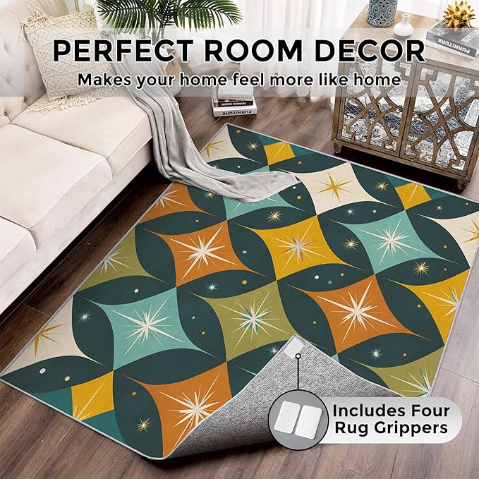 Mid Century Modern Rugs for Bedroom 4x5 ft, MCM Atomic Area Rugs for Living Room, Washable Non Slip Low Pile Abstract Geometric Carpet, Home Decor PF-P 107
