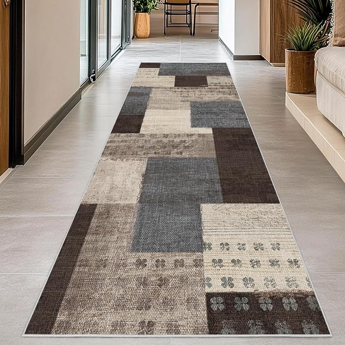 Modern Geometric Patchwork Indoor Runner Rug for Living Room, Blue-Taupe 2.7'x 10' Rug Rockwood Collection Hardwood Floors Decor for Bedroom, Blue Throw Carpet for Office Entryway Dining Room