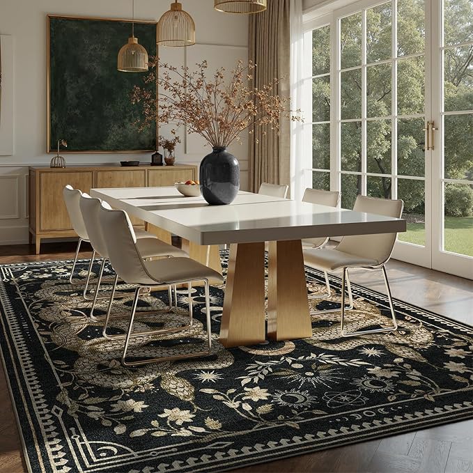 DCX Washable 5x7 Snake Rug, Black Gothic Rug for Living Room, Soft Low Pile Carpet, Kid & Pet Friendly with Rubber Back Non Slip, Stain Resistant Rug for Bedroom Dining Room Office