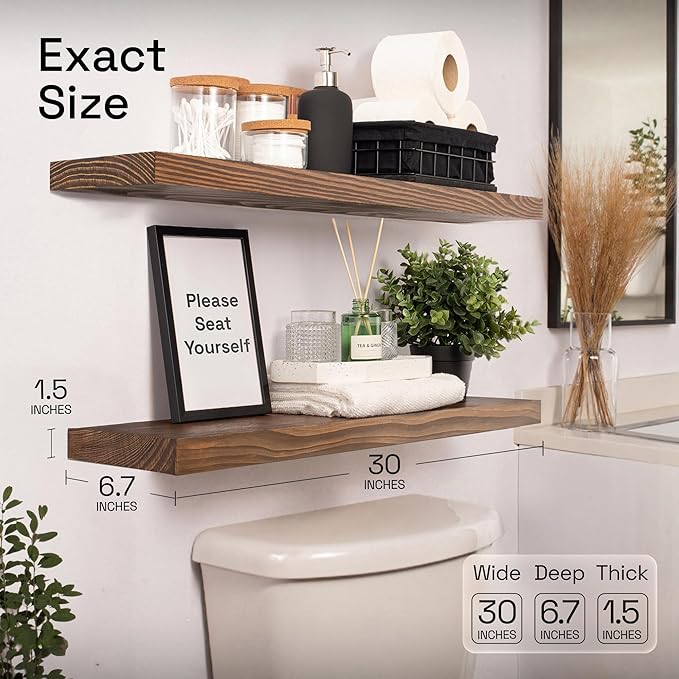 BAOBAB WORKSHOP Wood Floating Shelves for Wall 30 Inches Long, Solid Wooden Bathroom Shelf Large, Heavy Duty Wall Shelf 30 Inch Kitchen Bedroom Rustic Farmhouse, Walnut Shelves, 30W × 6.7D, Set of 2