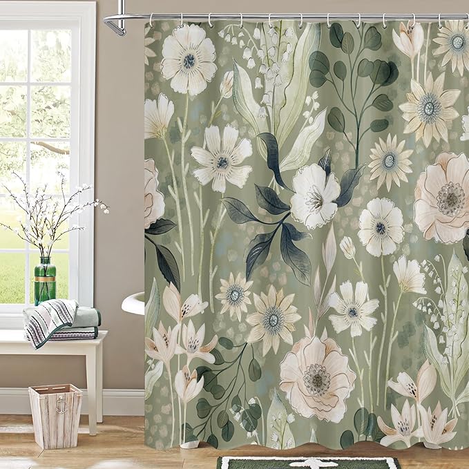 MitoVilla Long Boho Shower Curtain Set 72 x 78, Modern Spring Floral Shower Curtains 78 inch Long for Chic Elegant Bathroom Decor, Summer Colorful Fabric Flower Shower Curtain