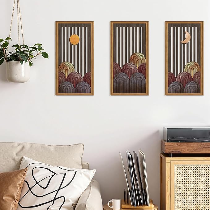 Celestdeco 3 Pcs Boho Mountain Wooden Wall Art Minimalist Geometric Artwork Pine Tree Sunrise Wood Wall Decor Bohemian Forest Hanging Decor for Living Room Bedroom Office 7.9 x15.8 Inch