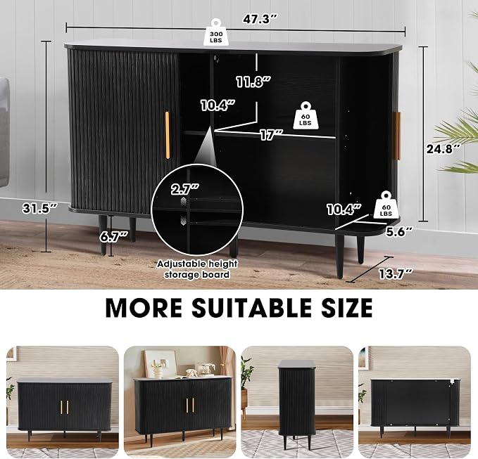 Grepatio 47" Sideboard Buffet Cabinet with Fluted Slide Doors, Tambour Storage Cabinets with Adjustable Shelves, Credenza Console Mid Century for Living Room Hallway Entryway (Black)