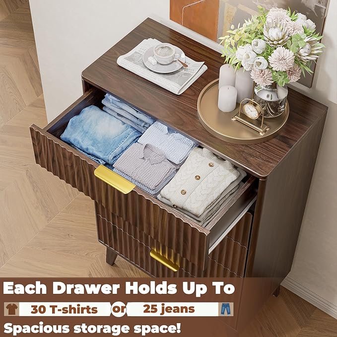 Modern Fluted 5 Drawer Tall Dresser, 48" H, Walnut, Curved Profile Design, Mid Century Wood Chest of Drawers for Bedroom, Living Room, Hallway