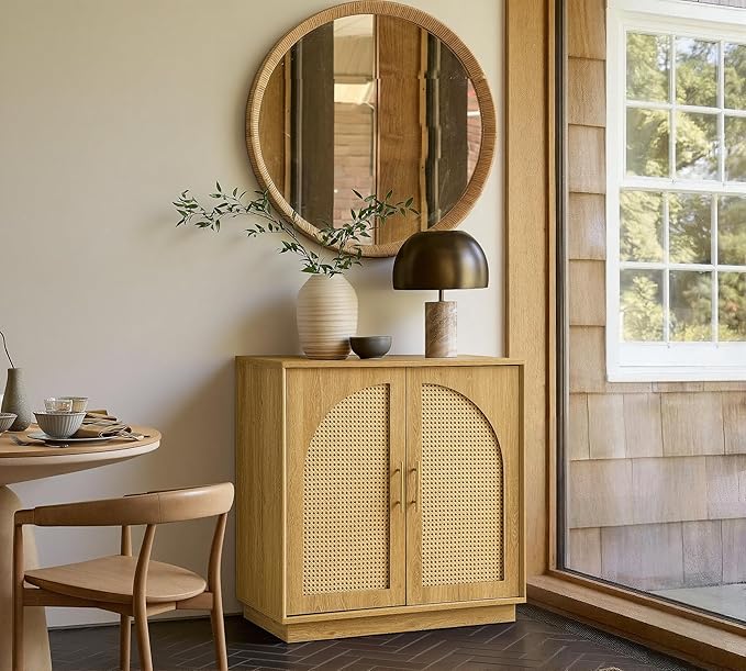 FORTUNETEC Sideboard Buffet Cabinet with Storage, 31.5" Modern Accent Cabinet with Rattan Arched Doors, Modular Media Console, Boho Credenza for Living Room Kitchen Dining Room Entryway, Oak