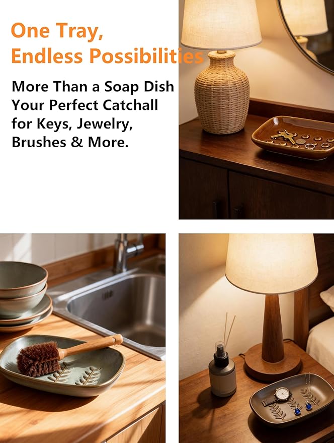Soap Dish for Shower, Ceramic Soap Dish for Bar Soap Sponge, Soap Holder Saver Tray for Bath Kitchen Sink Bathtub, Farmhouse Decor, Raised Pattern - Keep Soap Dry, Dark Brown