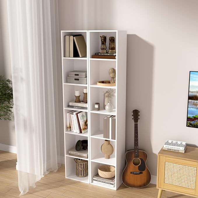 Wooden 6 Cube Storage Organizer, 6 Tier Storage Cubes Storage Display Cubby, 62 Inch Tall Versatile Shelf and Cubby Organizer for Any Space (White, 6 Cube-W(11.8inch)