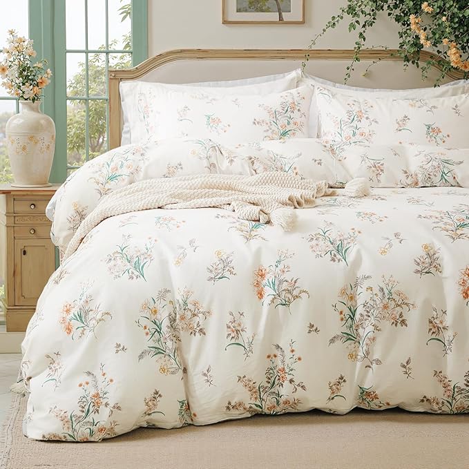 Duvet Cover Set King Size Vintage Style Garden Floral Duvet Cover 100% Cotton 3 Pcs Chic Floral Comforter Cover with Zipper Botanical Coquette Duvet Cover Set Ultra Soft & Breathable