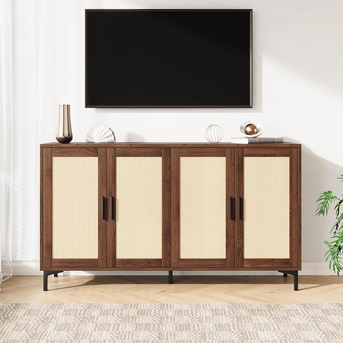 JASIWAY Buffet Cabinet with Storage, 48" Rattan Sideboard with Adjustable Shelves, Modern Coffee Bar Cabinet Console Table with Doors, Credenza for Kitchen, Living Room, Entryway, Dining Room, Walnut