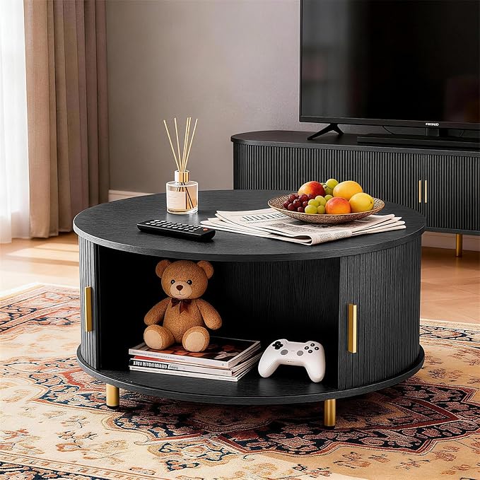 DHH Round Coffee Table, 31.5" Mid Century Modern Coffee Table with 360° Sliding Tambour Door, Fluted Accent Coffee Table with Storage Adjustable Footpads for Living Room, Black