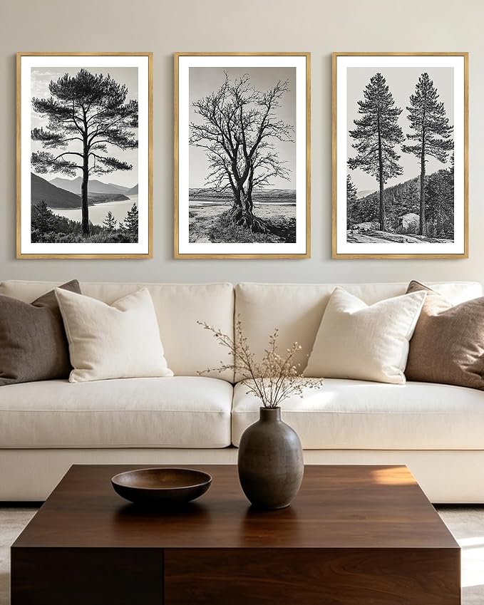 KUVIOKE Vintage Tree Framed Canvas Wall Art Black and White Retro Antique Forest Drawings Nature Wilderness Sketch Wall Painting Modern Decor 16x24in (Natural Framed)
