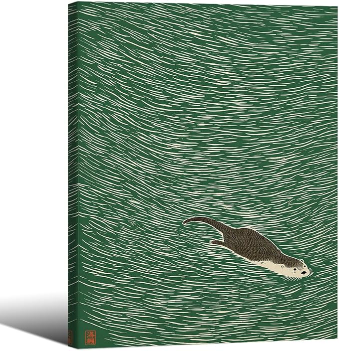 Wrapped Framed Japanese Otter Swimming Poster Funny Nature Wild Animal Pictures Retro Minimal Green Water Canvas Wall Art for Living Room Bedroom Bathroom 08x10 inch