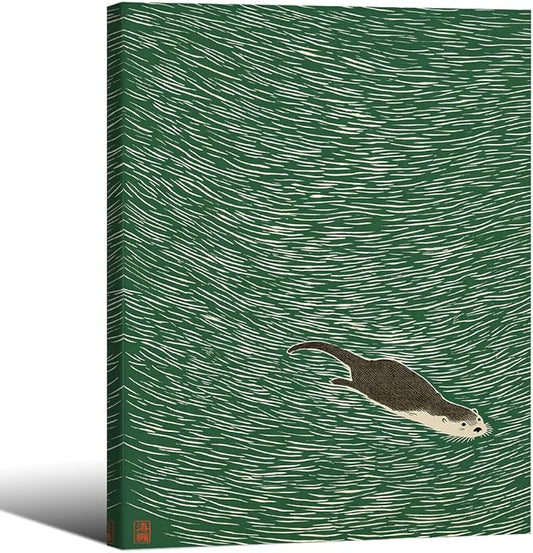 Wrapped Framed Japanese Otter Swimming Poster Funny Nature Wild Animal Pictures Retro Minimal Green Water Canvas Wall Art for Living Room Bedroom Bathroom 08x10 inch