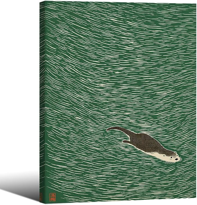 Wrapped Framed Japanese Otter Swimming Poster Funny Nature Wild Animal Pictures Retro Minimal Green Water Canvas Wall Art for Living Room Bedroom Bathroom 16x20 inch