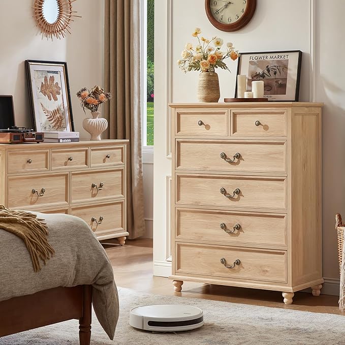 Farmhouse 6 Drawer Dresser Set of 2 for Bedroom, 42" Tall Rustic Chests of Drawers w/ 4 Solid Wood Feet, Mid Century Vintage Wooden Closet Storage Dressers Organizer for Living Room,Natural