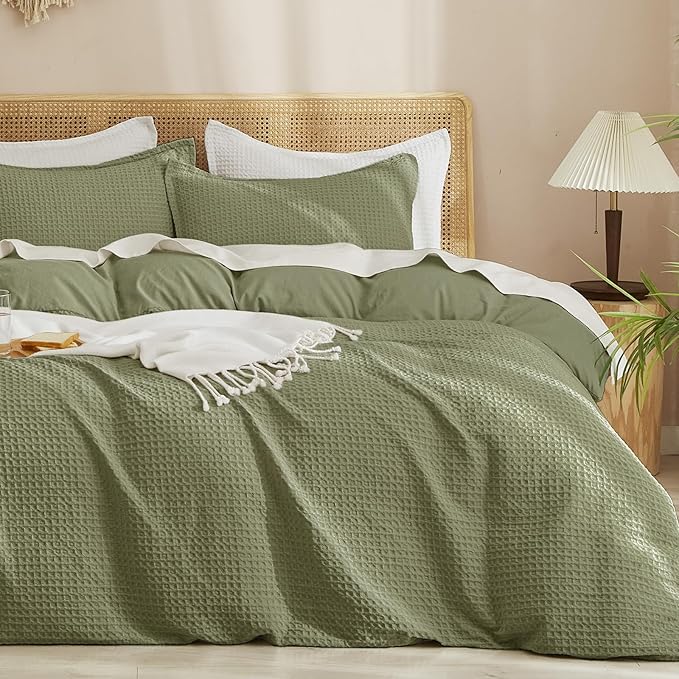PHF Waffle Weave Duvet Cover Set King Size, No Snagging Ultra Soft Luxury Textured Breathable Comforter Cover for All Season 3pcs, Durable Bedding Duvet Set with 2 Pillow Shams, 104"x90", Olive Green