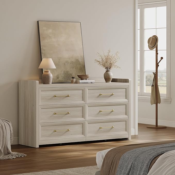 SICOTAS 6 Drawer Dresser for Bedroom-56.4" Extra-Wide Wooden Chest of Drawers with Large Storage, Long Dresser TV Stand with Drawers, Farmhouse Closet Dressers for Nursery Living Room, Grey White Oak
