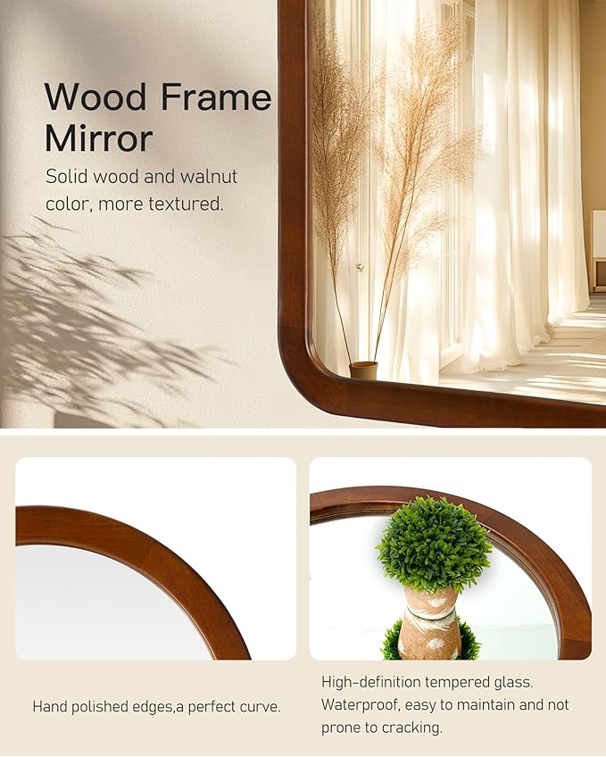 Arched Mirror 30 x 36 Inch,Walnut Brown Wood Rustic Bathroom Tempered Wall Mirror with Wood Frame,Round Corner Arch Farmhouse Wooden Vanity Mirror for Living Room,Entryway or Bedroom
