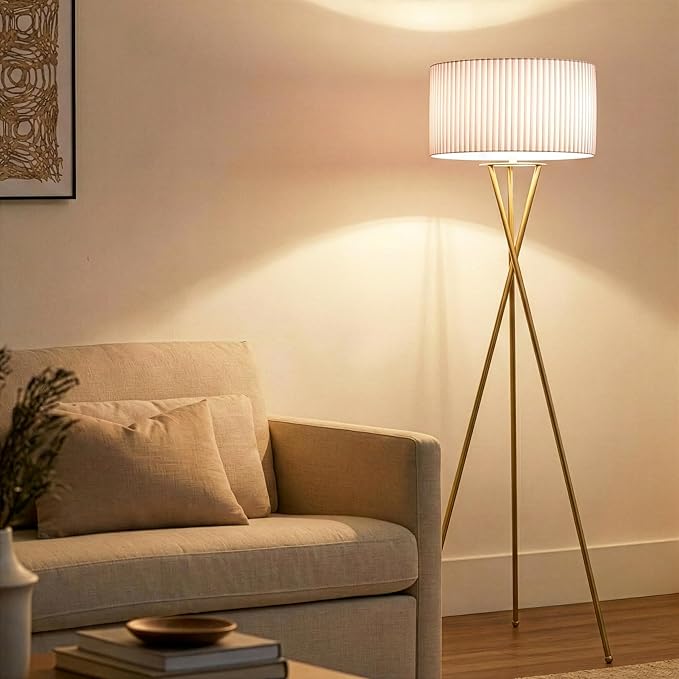 Brightech Jaxon Tripod Floor Lamp with Pleated Drum Shade, Modern Lamp for Living Room & Office, Contemporary and Elegant LED Lamp, Gold Standing Lamp for Bedroom Reading, Home Decor - Brass