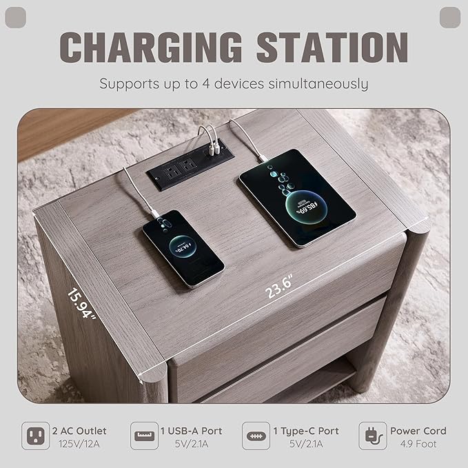 25" Tall Modern Nightstand with Charging Station, 23.6" W Nightstand with 2 Storage Drawers & Open Shelf, Wood Night Stand w/Rounded Corner Design for Bedroom, Living Room (Light Grey)