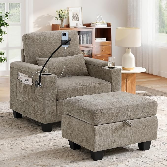 Small Chaise Lounge Chair Indoor with Ottoman&Adjustable Backrest,Chenille Tufted Recliner Comfy Sofa Chair with USB,Phone Holder&Storage Arms,Convertible Sleeper Couch Bed for Living Room(37"W,Brown)