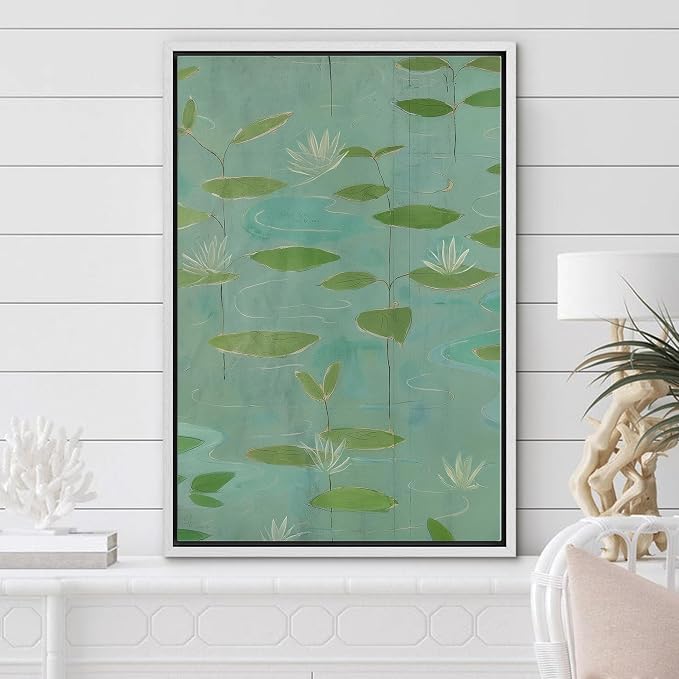 Woodrose Framed Canvas Print Wall Art Tranquil Water Lilies Serene Botanical Illustrations Modern Art Minimalist 3D Colorful Ultra for Living Room, Bedroom, Office - 16"x24" WHITE