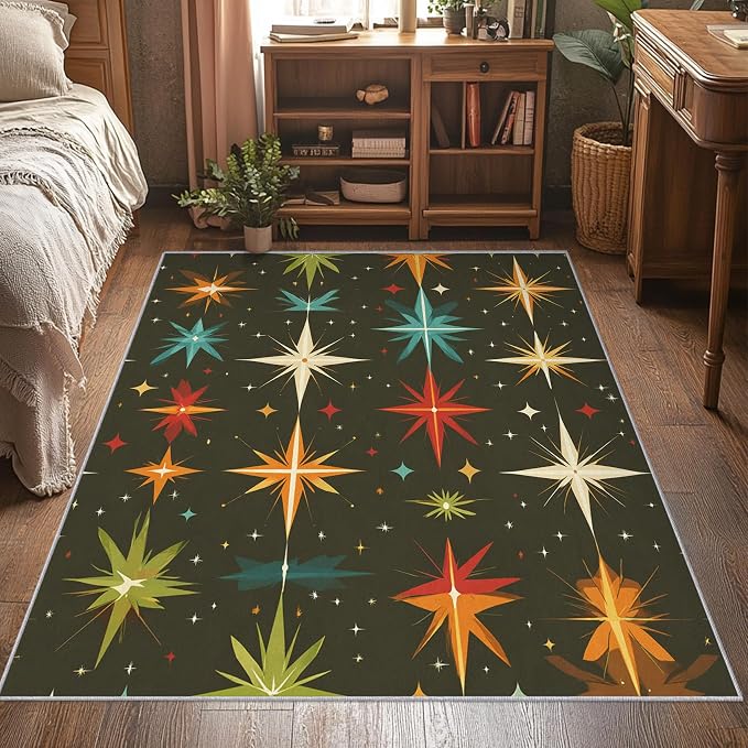 Atomic Rugs for Bedroom 6x9 ft, Abstract Starburst Area Rugs for Living Room, Washable Non Slip Low Pile Mid Century Modern Carpet, Home Decor PF-P 107
