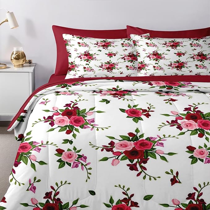 Nesker 7 Pcs Comforter Set King Size, Rose Flower Summer Bedding Set for Kids and Adults, Red Pink Floral Modern Bed Sheet Sets with Fitted Sheet 2 Pillowcases & 2 Shams