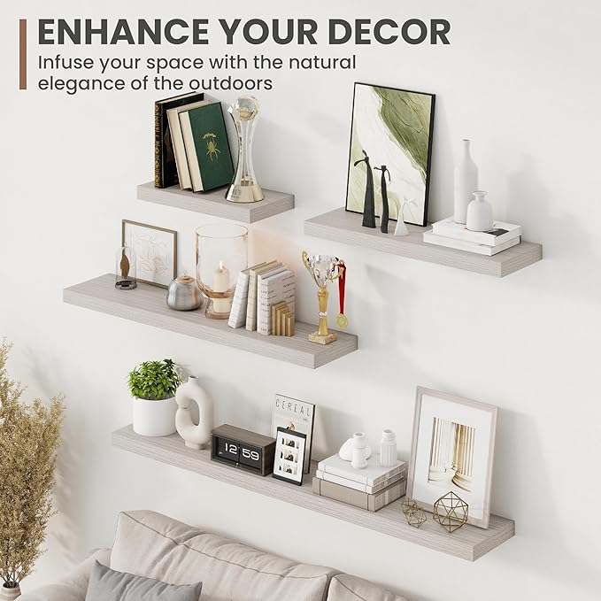24 Inch Floating Shelves, 8 Inch Deep Floating Shelves for Wall, Hanging Shelf with Invisible Brackets, Deep Shelves for Bathroom, Bedroom, Living Room, Grey, Set of 2