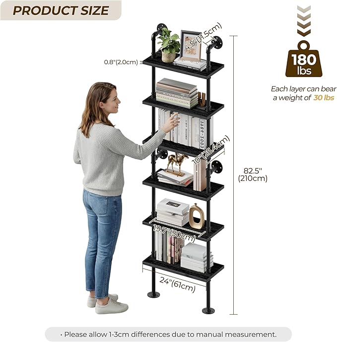 Industrial Ladder Pipe Shelves, Wall Mounted Wood Metal Rustic Bookshelf for Living Room (Black, 6 Tier - 10" D x 24" W x 82.5" H)
