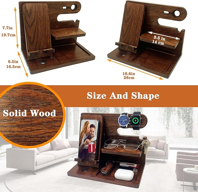 VEIYAILU Walnut Wood Phone Docking Station Nightstand Organizer for Men, Gifts for Him, Boyfriend, Dad, Husband, Brother, Son, Anniversary, Birthday, Christmas, Father's Day