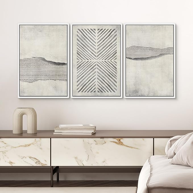 SIGNWIN Framed Canvas Print Wall Art Set Grunge Geometric Line Landscape Abstract Shapes Cozy Neutral Modern Art Decorative Boho Relax/Zen Nordic for Living Room, Bedroom, Office - 16"x24"x3 White