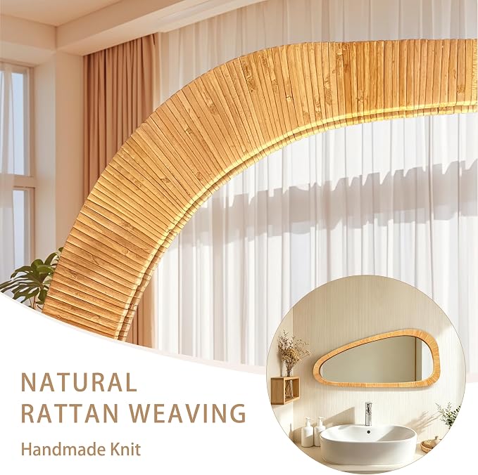 BAODANFU 22x48 Inch Asymmetrical Rattan Wall Mirror, Full Length Irregular Handwoven Natural Rattan Frame Mirror, 4-Way Mount Boho Decorative Mirror for Bedroom Entryway Living Room Farmhouse