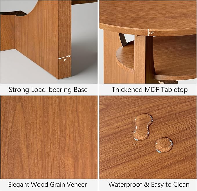 Mid Century Modern Coffee Table, 47" Oval Wood Coffee Tables for Living Room, 2 Tier Curved Round Center Table with Storage Shelf & Sturdy Base, Minimalist Retro Tea Tables