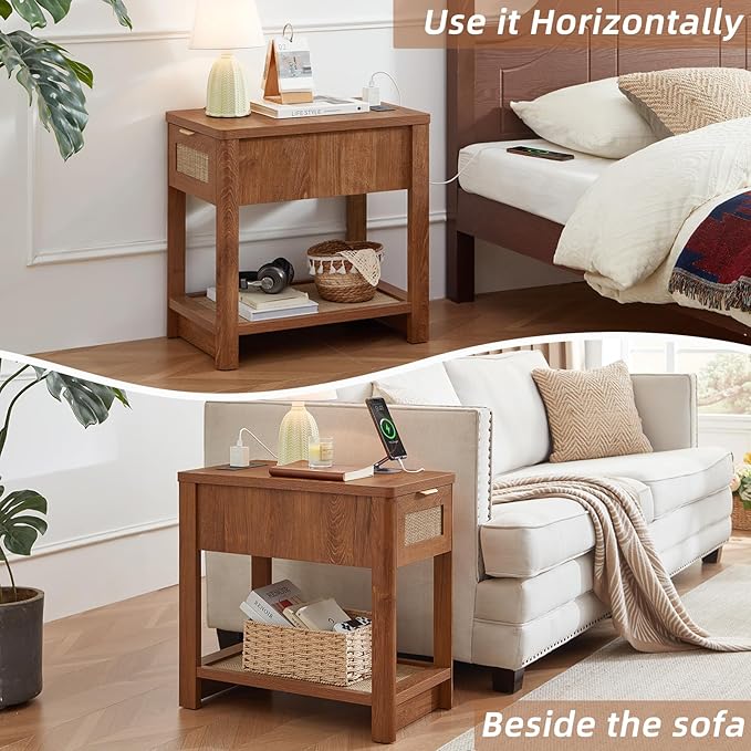 Lerliuo Narrow Night Stand with Charging Station, Boho Nightstand with Drawer, Bed Side End Table with Rattan Shelf for Small Spaces, Wood Nightstands Bedside Tables for Living Room Bedroom
