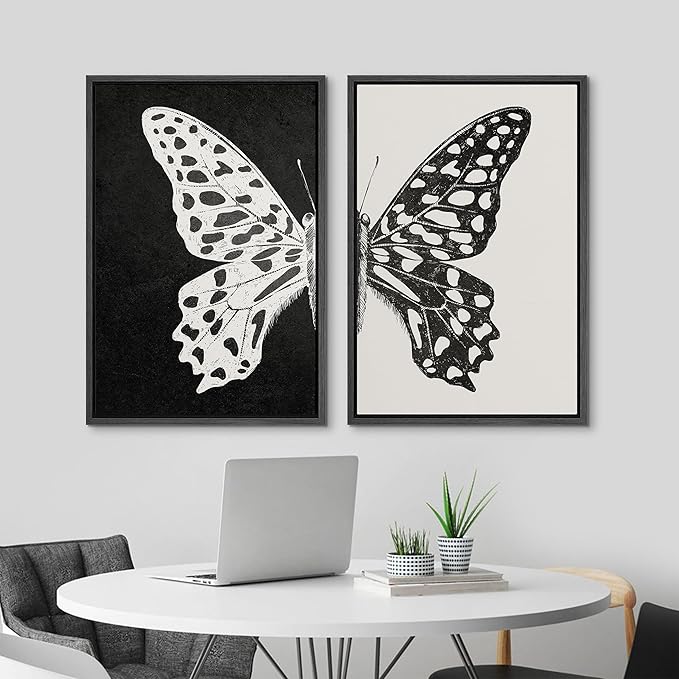 MUDECOR Framed Canvas Wall Art Black and White Butterfly Prints Minimalist Modern Art Boho Wall Decor for Bedroom - 24"x36"x2 Black