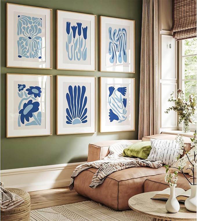 Youillne Matisse Flower Wall Art Prints Blue Abstract Wall Decor Aesthetic Canvas Wall Art Picasso Gallery Posters Matisse Preppy Pictures Flower Paintings for Bathroom 12x16 Inch Unframed Set of 6