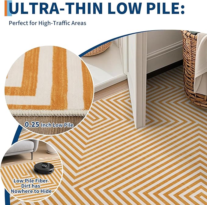 Washable Modern Lines Large Rug 10x13 for Living Room Modern Geometric Rugs Low Pile Soft Bedroom Carpet Thin Foldable Abstract Floor Carpet for Dining Kids Room Playroom, Orange Yellow