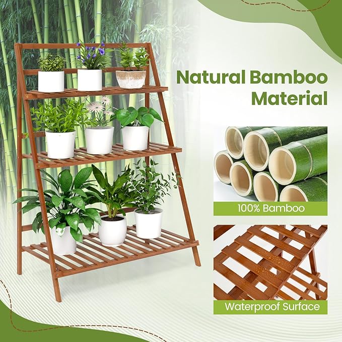 Giantex Folding Bamboo Plant Stand, 3-Tier Flower Pot Rack Display Shelf, Foldable Plants Holder Organizer Storage Shelving for Patio Garden Balcony Home Indoor Outdoor (Brown)
