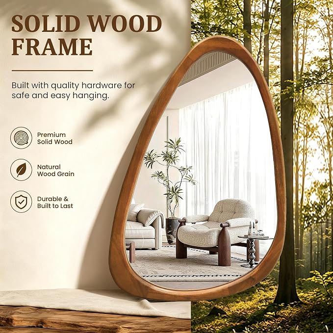 Asymmetrical Mirror, 30"x20" Unique Irregular Wall Mirror, Wood Mid Century Modern Mirror Decor for Bathroom Bedroom Living Room Entryway Hallway (Natural Wood)