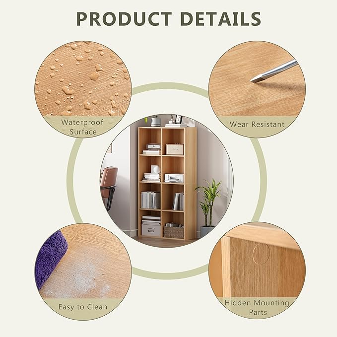 Wooden Storage Organizer with Closed Back Panel, 11in Cube Shelf Opening, Bookshelf, Display Shelf,Closet Cabinet for Home and Office (Natural Oak, 8-Cube 47.8L*9.45W*24.09H)