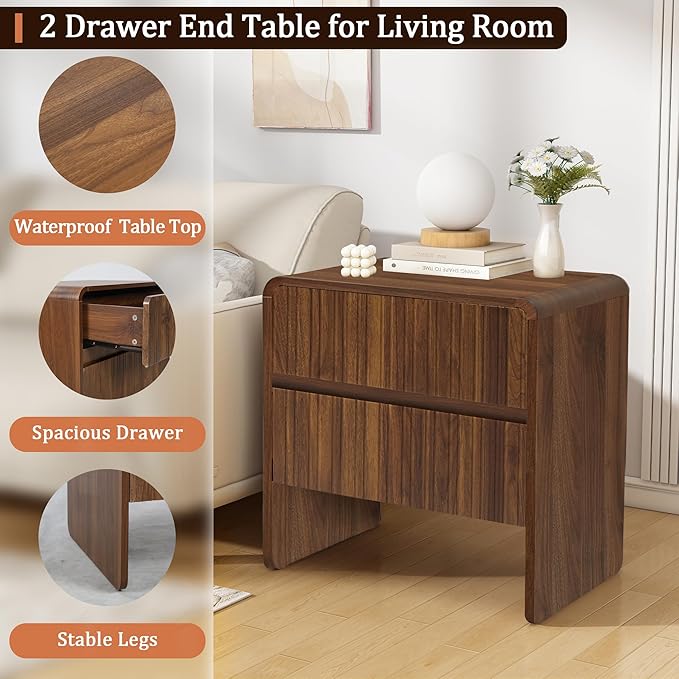 Flute 2 Drawer Dresser,Mid Century Modern Small Nightstand with 2 Drawer for Bedroom, Wood Side Table with Curved Profile for Living Room,Hallway,Enterrway