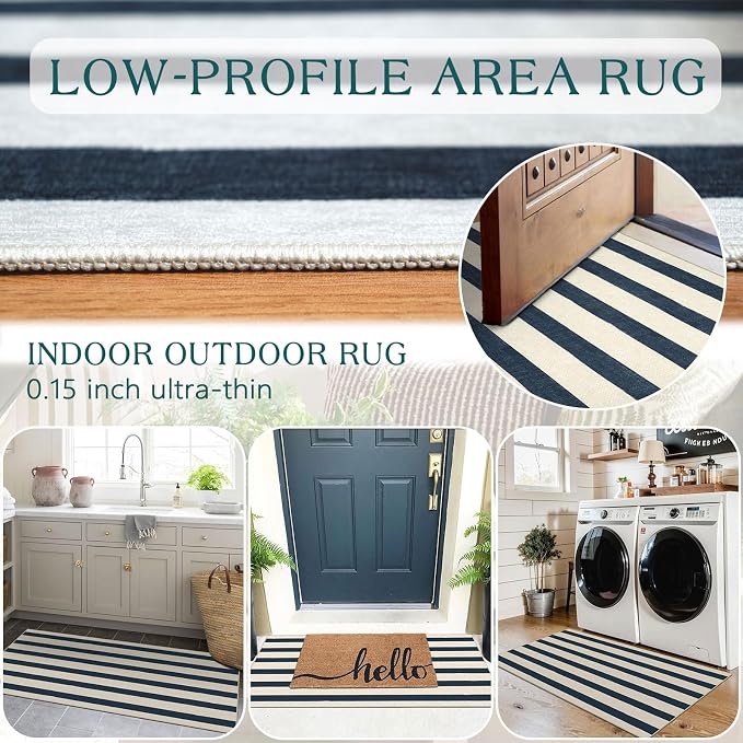 Front Door Mat Indoor Entrance - 2x4.3 Ft Blue and White Washable Doormat Outdoor Entrance Porch Rug Non-Skid Runner Rug for Kitchen Hallway Bedroom Laundry Room Porch Decor