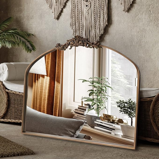Gold Arched Mirror,Baroque Brass Fireplace Mirror Decor, Victorian Vintage Mirrors with Full Matel Frame,Ornate Mirrors for Entryway/Bathroom/Living Room/Hallway 36"X30"