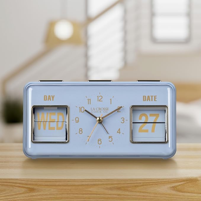 La Crosse Clock 636-379BL Daily Flip Blue Periwinkle Tabletop Alarm Clock with Calendar